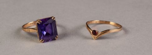 9ct GOLD DRESS RING, set with a synthetic oblong amethyst, and a 9ct GOLD RING, the 'V' shaped top