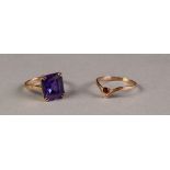 9ct GOLD DRESS RING, set with a synthetic oblong amethyst, and a 9ct GOLD RING, the 'V' shaped top