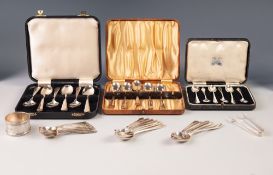 CASED SET OF TWELVE SILVER TEASPOONS, an incomplet set of FIVE DITTO, a cased set of SIX SILVER