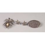 SILVER AND MARCASITE ORCHID BROOCH, set with a tear shaped imitation pearl; a silver and marcasite