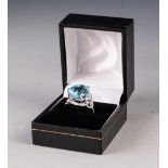 14ct WHITE GOLD RING, SET WITH A LARGE HEART SHAPED BLUE TOPAZ, approx 12.56ct over a heart shaped