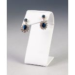 PAIR OF SAPPHIRE AND DIAMOND CLUSTER DROP EARRINGS, each with a claw set small oval sapphire and