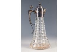 MODERN SILVER MOUNTED CUT GLASS CLARET JUG BY OLLIVANT & BOTSFORD, of tapering form, the mount