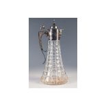 MODERN SILVER MOUNTED CUT GLASS CLARET JUG BY OLLIVANT & BOTSFORD, of tapering form, the mount