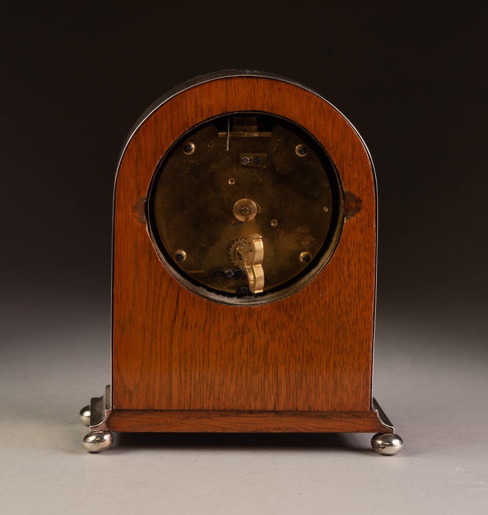 INTER-WAR YEARS ENGINE TURNED SILVER CASED DOME-TOP MANTEL CLOCK, standing on compressed ball - Image 3 of 3