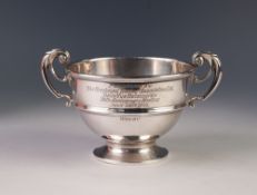 GEORGE VI SILVER TWO HANDLED PRESENTATION TROPHY CUP BY ADIE BROTHERS, of typical form with