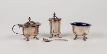 SILVER CONDIMENT SET OF 3 PIECES, oval with cyma edges and raised on paw feet viz lidded MUSTARD