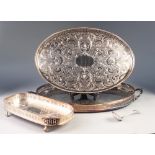 THREE OVAL AND ROUNDED OBLONG GALLERIED TRAYS and a plated SIFTER SPOON (4)