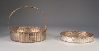 A CONTINENTAL SILVER COLOURED WHITE METAL HAND CRAFTED BASKET WEAVE CIRCULAR HANDLED SHALLOW