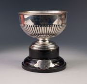 LATE VICTORIAN SILVER SMALL TROPHY ROSE BOWL, demi-gadrooned and engraved with monogram initials, on