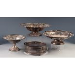 FOUR PIECES OF VICTORIAN AND LATER ELECTROPLATE, comprising; SWING HANDLED PEDESTAL CAKE STAND, with