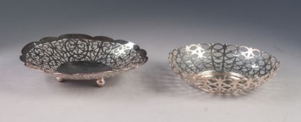 TWO CUT CARD AND PIERCED SILVER BON BON DISHES, comprising: a footed example by Deakin & Francis,