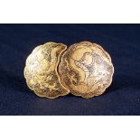 NINETEENTH CENTURY JAPANESE GOLD AND SILVER INLAID METAL MON SHAPED TWO PART BUCKLE, decorated