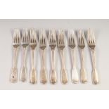 VICTORIAN MATCHED SET OF NINE FIDDLE AND THREAD PATTERN SILVER DESSERT FORKS, all with matching