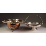 ELECTRO-PLATED DEEP BOWL with foliated gadrooned rim, on three foliate scroll feet, also a PLATED