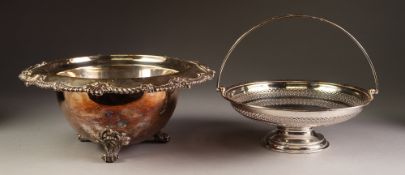 ELECTRO-PLATED DEEP BOWL with foliated gadrooned rim, on three foliate scroll feet, also a PLATED