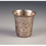 RUSSIAN SILVER SMALL BEAKER, slightly flared, engraved with alternate panels of strapwork and