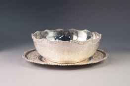 MODERN, PROBABLY IRANIAN, SOFT SILVER COLOURED METAL BOWL ON STAND, each decorated win the