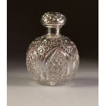 EDWARDIAN SILVER MOUNTED CUT GLASS ORBICULAR SCENT BOTTLE, Birmingham 1907