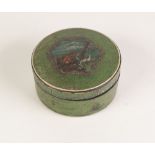 AN EARLY NINETEENTH CENTURY CONTINENTAL CIRCULAR TORTOISESHELL LINED PAPIER MACHE SNUFF BOX, green