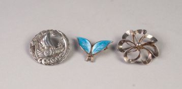 DAVID ANDERSEN, NORWAY, STERLING SILVER AND PALE BLUE ENAMELLED DOUBLE LEAF BROOCH, 1 1/2" wide, N.