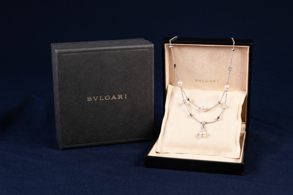 BULGARI 'LUCEA' 18ct WHITE GOLD, DIAMOND AND CULTURED PEARL FINE CHAIN NECKLACE, with two strand - Image 3 of 3