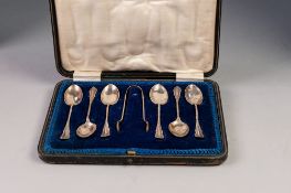 EDWARD VII CASED SET OF SIX SILVER TEASPOONS AND THE MATCHING PAIR OF SUGAR TONGS, Birmingham