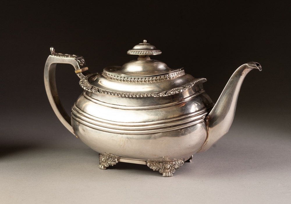 GEORGE IV SILVER TEAPOT of rounded oblong form with gadrooned and shell cornered rim, angular leaf- - Image 2 of 3