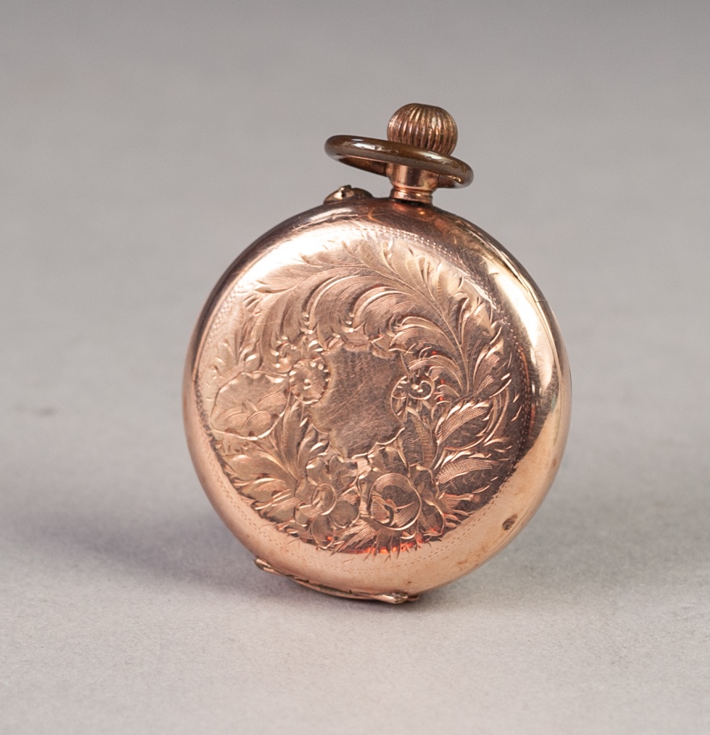 LADY'S 9ct GOLD OPEN FACED POCKET WATCH, with keyless movement, engraved gold Roman dial, floral - Image 3 of 3