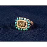 VICTORIAN 18ct GOLD RING CENTERED WITH PLAITED HAIR WITHIN BORDERS OF SEED PEARLS AND TURQUOISE