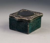 EDWARDIAN DARK BLUE PLUSH COVERED SQUARE TRINKET BOX, the hinged lid inset with a circular