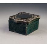 EDWARDIAN DARK BLUE PLUSH COVERED SQUARE TRINKET BOX, the hinged lid inset with a circular