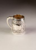 GOOD GEORGE III SILVER BARREL SHAPE CHRISTENING MUG with angular handle and gilded interior, the