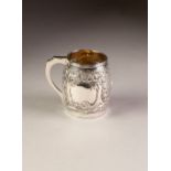 GOOD GEORGE III SILVER BARREL SHAPE CHRISTENING MUG with angular handle and gilded interior, the