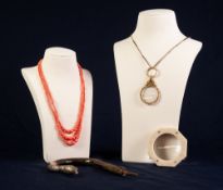 TRIPLE STRAND CORAL NECKLACE together with a PINCHBECK MOUNTED EYE GLASS suspended from a GILT METAL