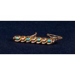 15ct GOLD LINKED BROOCH SET WITH TURQUOISE AND SEED PEARLS with safety chain, 3 gms gross