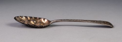 GEORGE III SILVER TABLE SPOON, re-decorated as a berry spoon, the bowl with crimped and repousse