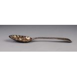 GEORGE III SILVER TABLE SPOON, re-decorated as a berry spoon, the bowl with crimped and repousse