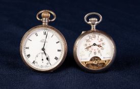 SILVER OPEN FACED POCKET WATCH, 'Kay's Keyless Triumph', white Roman dial with subsidiary seconds