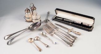 MIXED LOT OF ELECTROPLATE, to include: THREE PIECE CRUET SET, CASED LETTER OPENER, SWORD PATTERN
