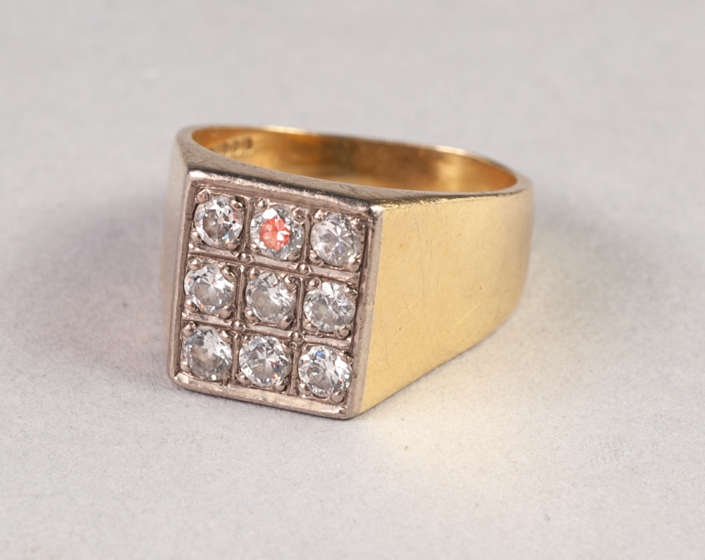 GENTS 18ct GOLD SIGNET RING, the square top pave set with nine diamonds, each approx .15ct approx,