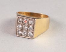 GENTS 18ct GOLD SIGNET RING, the square top pave set with nine diamonds, each approx .15ct approx,