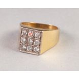 GENTS 18ct GOLD SIGNET RING, the square top pave set with nine diamonds, each approx .15ct approx,