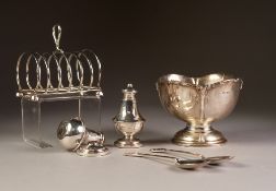 PRE-WAR SILVER SEVEN DIVISION TOAST RACK, Sheffield 1938, a small SILVER CINQUEFOIL PEDESTAL BOWL,