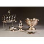 PRE-WAR SILVER SEVEN DIVISION TOAST RACK, Sheffield 1938, a small SILVER CINQUEFOIL PEDESTAL BOWL,