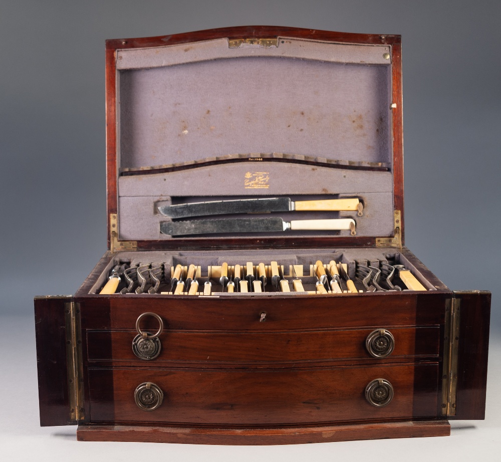 Edwardian inlaid mahogany cased canteen of INCOMPLETE, MIXED AND ASSOCIATED PLATED CUTLERY and