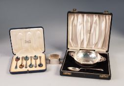 GEORGE V CASED SET OF SIX COFFEE SPOONS, with bright cut handles, London 1930, TOGETHER WITH A