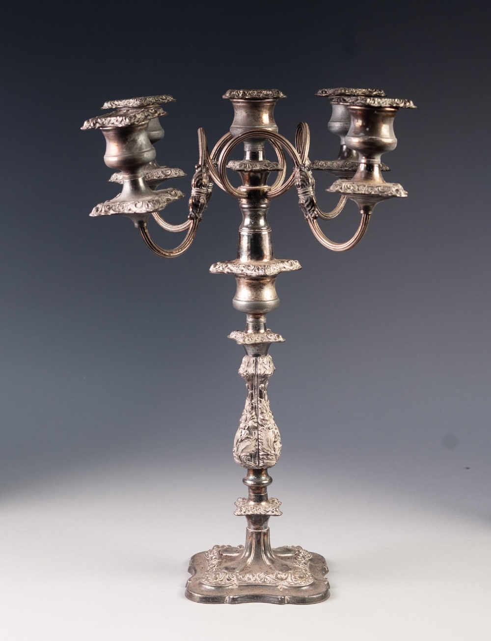 EARLY 20th CENTURY ELECTROPLATED FIVE LIGHT, FOUR REFLEX BRANCH CANDELABRUM, 18" (45.5cm) high