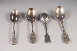 THREE GEORGE V AND LATER FIDDLE PATTERN SILVER DESSERT SPOONS WITH BRIGHT CUT HANDLES, comprising: