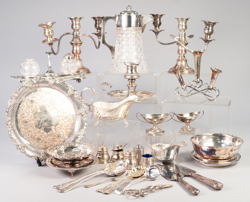 EDWARDIAN ELECTROPLATED INKSTAND with glass inkwells (one minus top) and taperstick, gadrooned